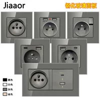 Wall socket panel 86‑type, glass gray, French standard with dual USB‑A + USB‑C, concealed