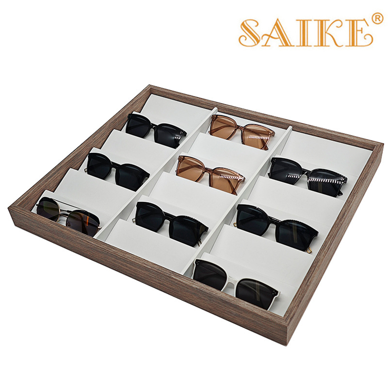 现货批发黑胡桃木质18位眼镜陈列销售展示盘子黑镜太阳镜展示托盘