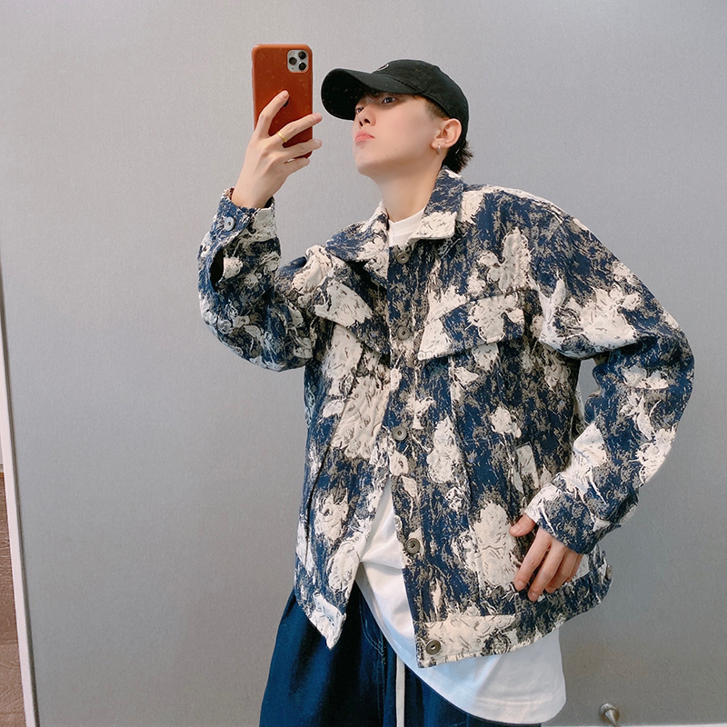 Otoño nueva moda nacional High Street pareja azul y blanco pintura al óleo pesada suelta Chaqueta corta para hombres