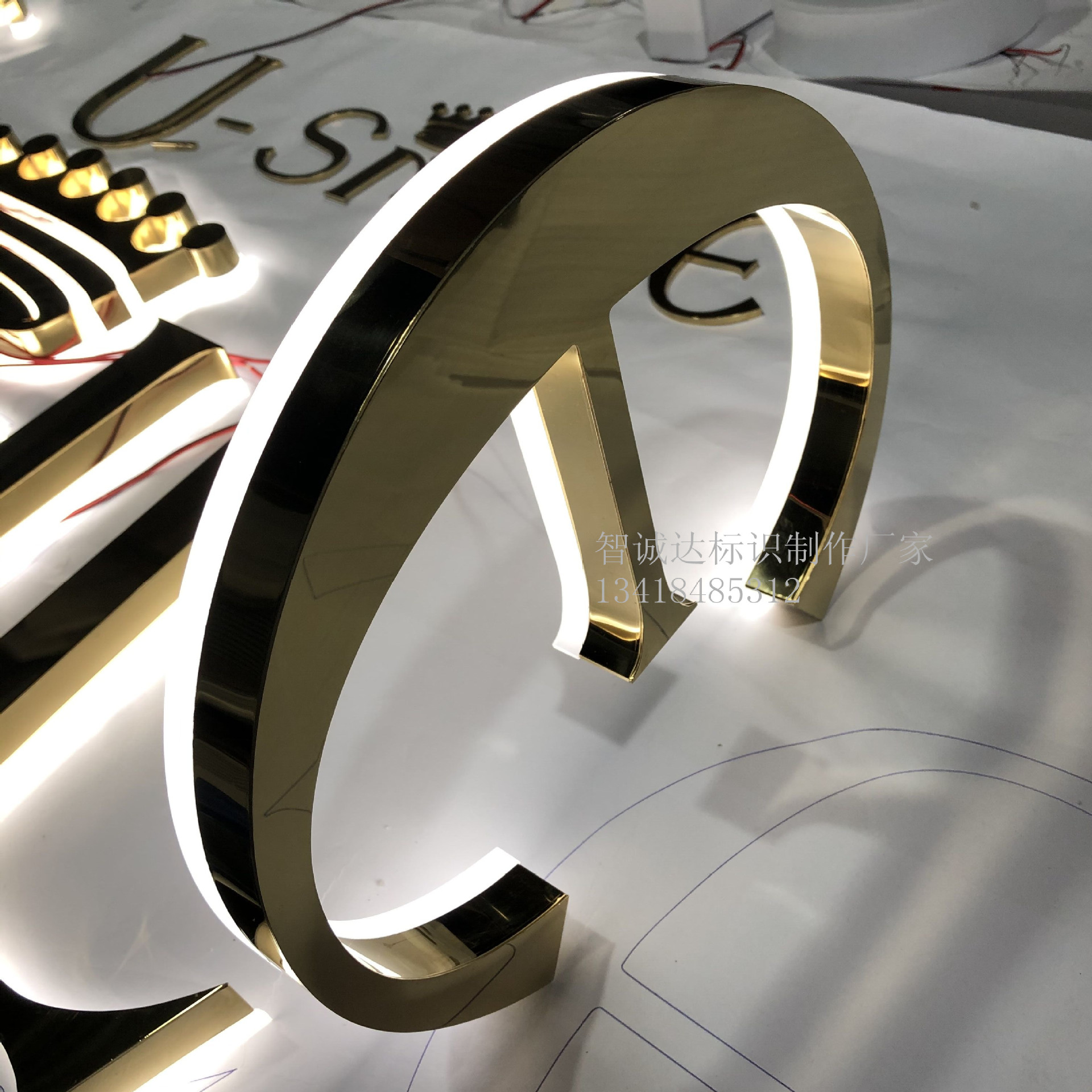 出口3D字母不锈钢LED发光字招牌广告字外贸镜面招牌背面发光字