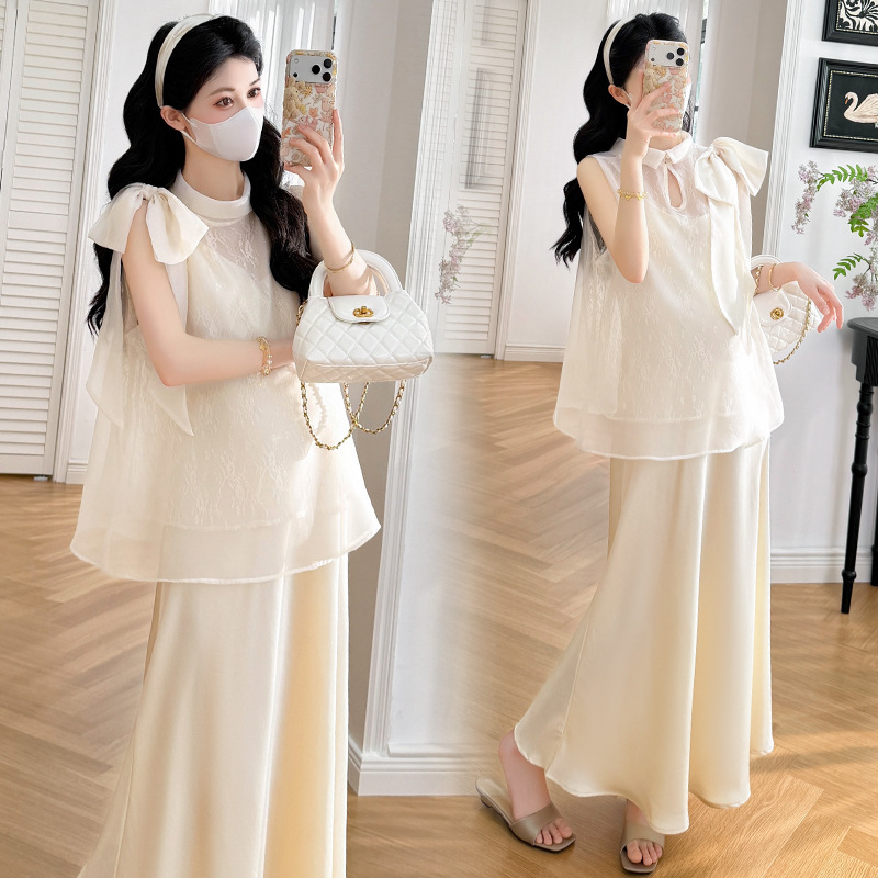 2026 Summer New Style French Bow Lace Sleeveless Loose-Fitting Elegant Maternity Top + Suspender Skirt Maternity Set