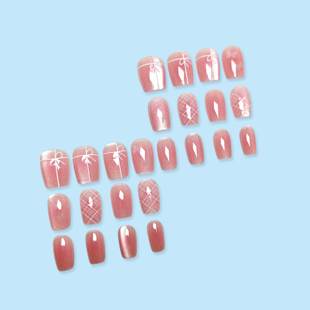 Ojos de gato en relieve, corazón de niña, uñas rosa, arco dulce y delicado, 24 piezas de parches de uñas terminados.
