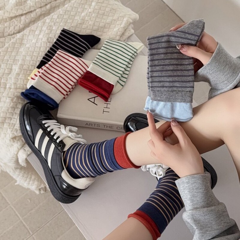 Mekki's New Autumn Trendy Socks with Double Ribbed Stripes and Contrasting Colors for Women, Breathable Combed Cotton Mid-Tube Socks from Zhuji