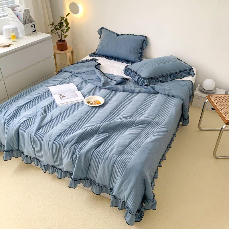 壹件代發廠家赫本田園荷葉邊純色床蓋三件套多用床單夏被1.8床蓋