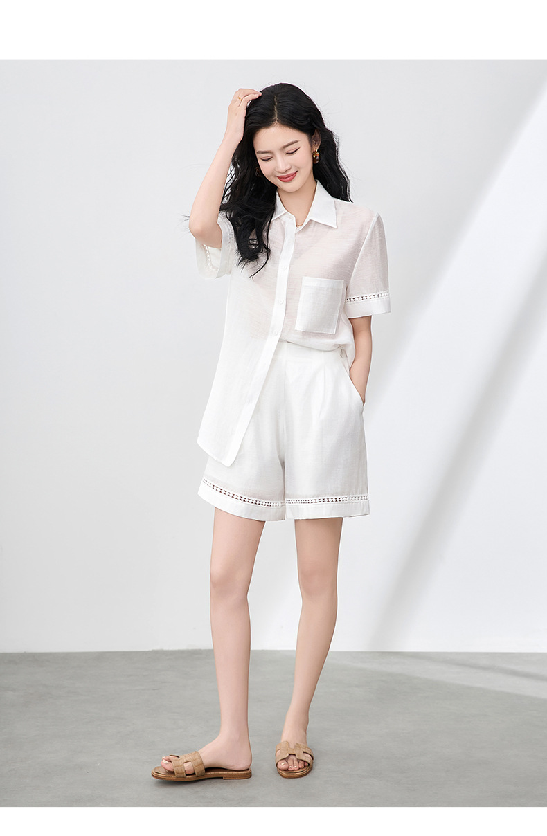 Áo sơ mi khoác pha vải lanh Tencel tay dài + quần short rộng thùng thình bộ hai mảnh mùa hè — Màu trắng chi tiết 11