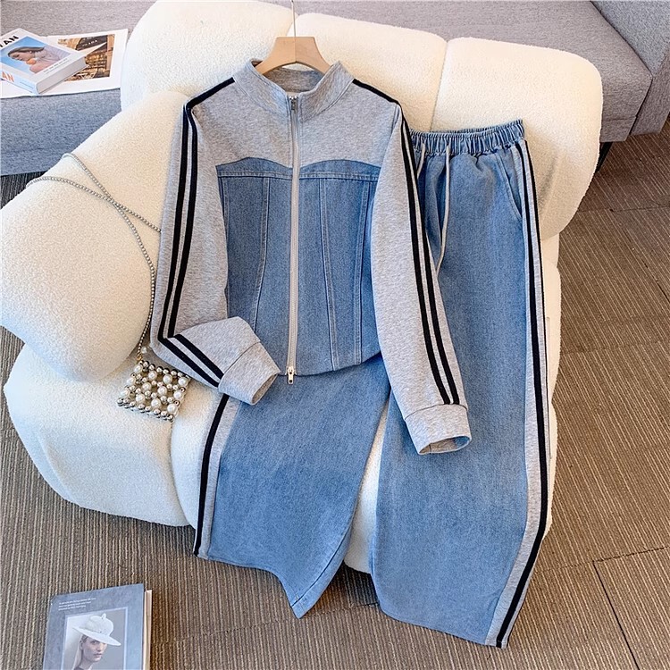 European and American Fashion Zipper Two-Piece Long-Sleeve Set for Girls, Spring and Autumn 2025 New Denim Patchwork Top and Wide-Leg Pants European and American Fashion Zipper Two-Piece Long-Sleeve Set for Girls, Spring and Autumn 2025 New Denim Patchwork Top and Wide-Leg Pants