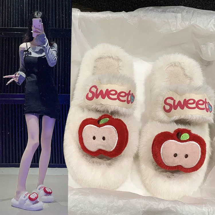 Толстая подошва шерстяные тапочки женские наружные носить 2024 осень и зима новые милые яблоки для комфорта дома повседневные дикие хлопчатобумажные тапочки