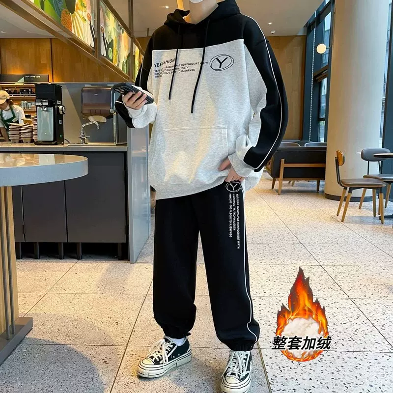 新款秋冬季宽松连帽休闲宽松运动套装男青少年帅气潮流卫衣两件套