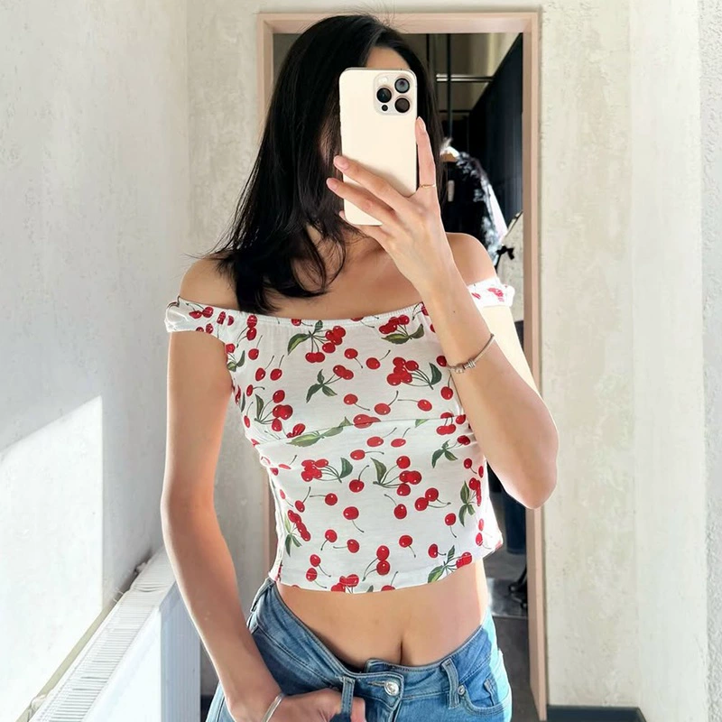 Женский летний новый сексуальный жилет без рукавов с воротником в европейском и американском стиле, с вишневым принтом, обнажающий пупок, топ