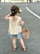 2023夏季童装 儿童韩国套装 杏色肌理波点背心+蓝色条纹亚麻短裤