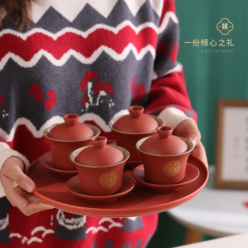 中式婚礼改口敬茶杯一对宫廷风婚礼红色陶瓷三才盖碗新婚伴手礼物