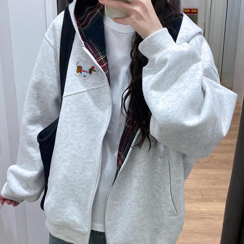 美式复古格子连帽卫衣女春秋季2025新款百搭小个子韩系慵懒风外套|undefined