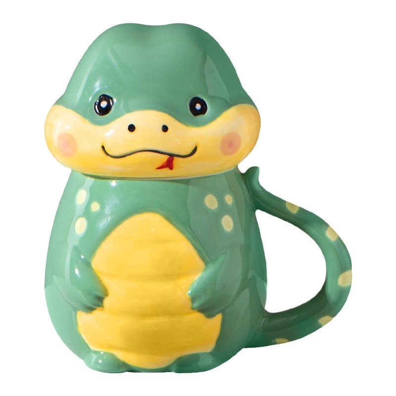 Diseño de serpiente año homófono terrier encantador dibujos animados de cerámica infantil "miedo de la sociedad" modelado taza con tapa con taza de agua cucharada