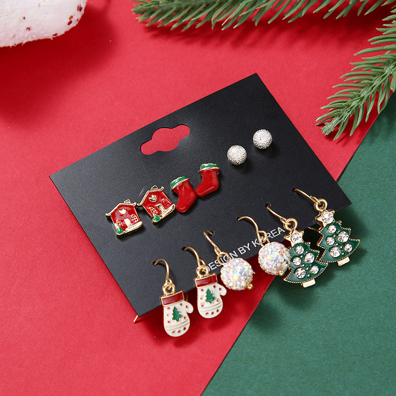 Cute Christmas Tree Christmas Socks Alloy Plating Inlay Rhinestones Ear Studs Ear Hook 1 Set display picture 2