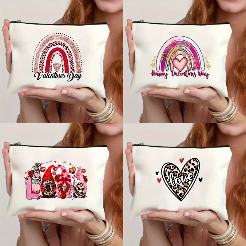 Bolsa de Cosméticos de Lino con Estampado de Corazón Arcoíris de Temu, Bolsa de Almacenamiento de Doble Cara para Mujer con Separación para Artículos Secos y Húmedos