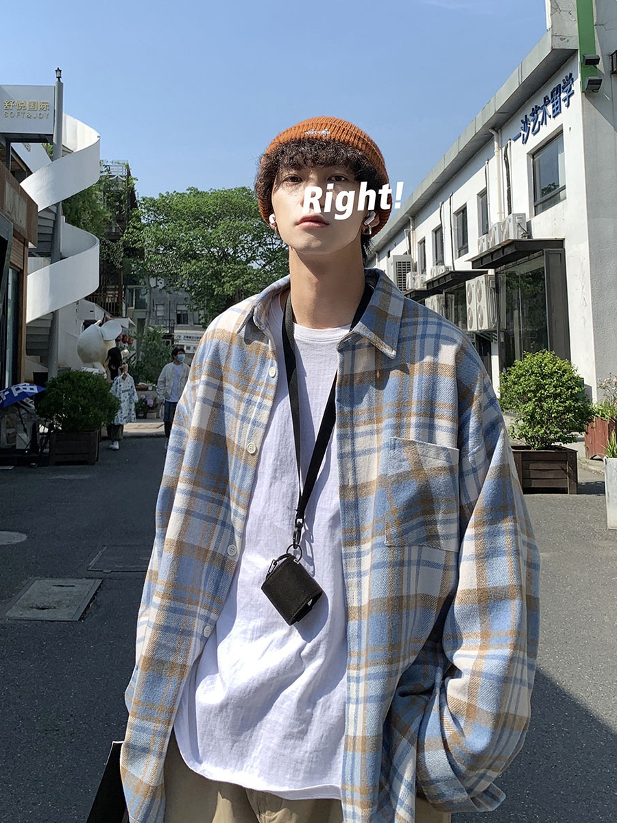 Camisa a cuadros de lana de alta gama de ropa de trabajo de la marca de moda Camisa de calle secundaria de manga larga suelta de estilo vintage para hombre