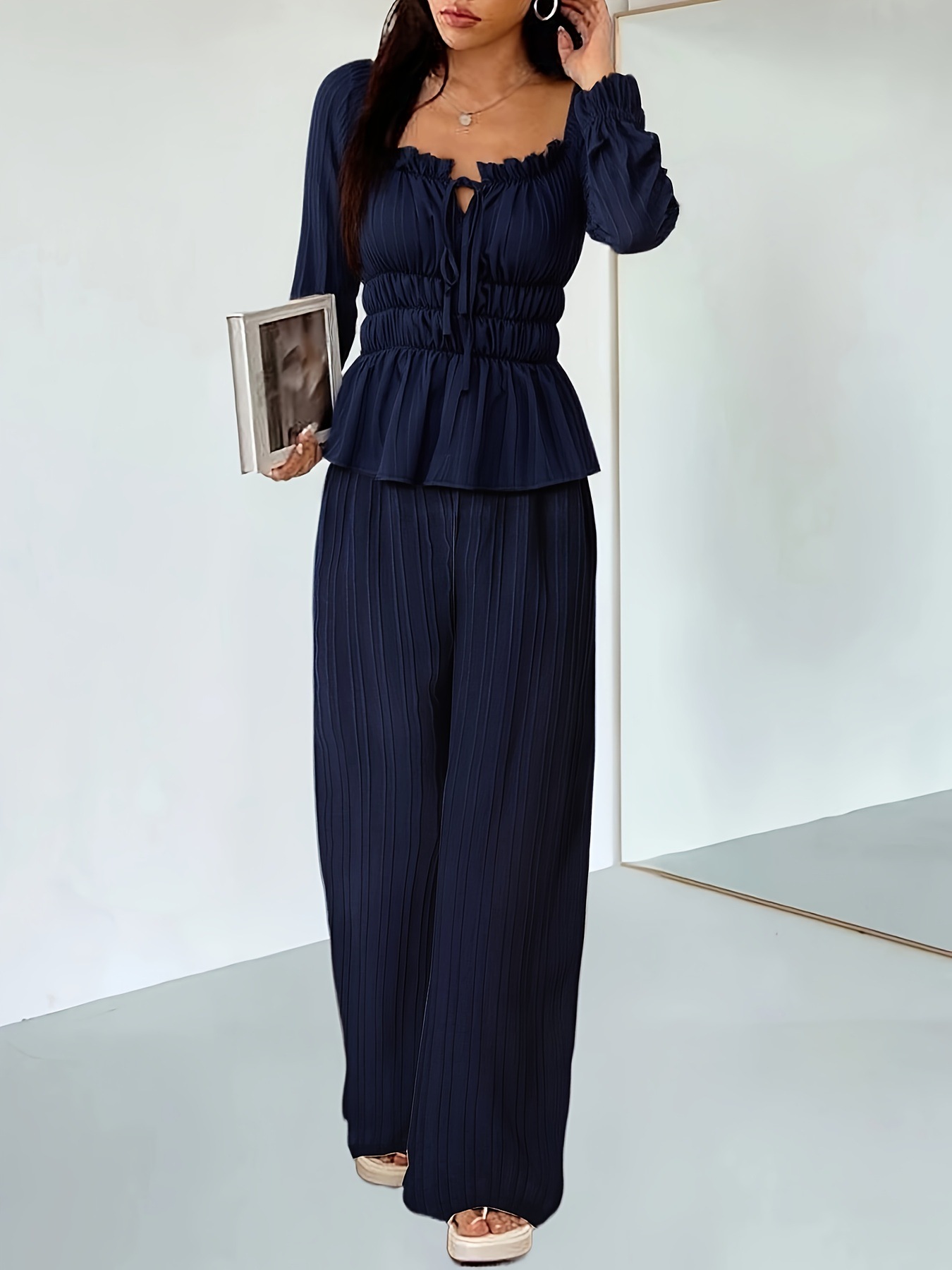 Ensemble chemisier à volants et pantalon large d'inspiration française – Style bohème chic élégant pour femme (Tailles S à XXL, bleu marine, esthétique minimaliste euro-américaine)_voghion.com
