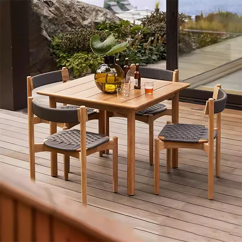 Mesas y sillas de teca al aire libre jardín patio balcón ratán tejido estilo nórdico ocio madera maciza impermeable silla de ratán combinación de tres piezas
