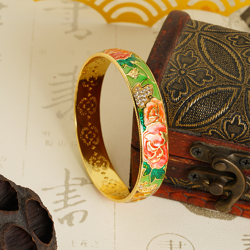 Gufasha oro esmalte laqueado pulsera de color esmalte flores de melocotón Sansheng III flores de estilo chino fábrica de joyas al por mayor