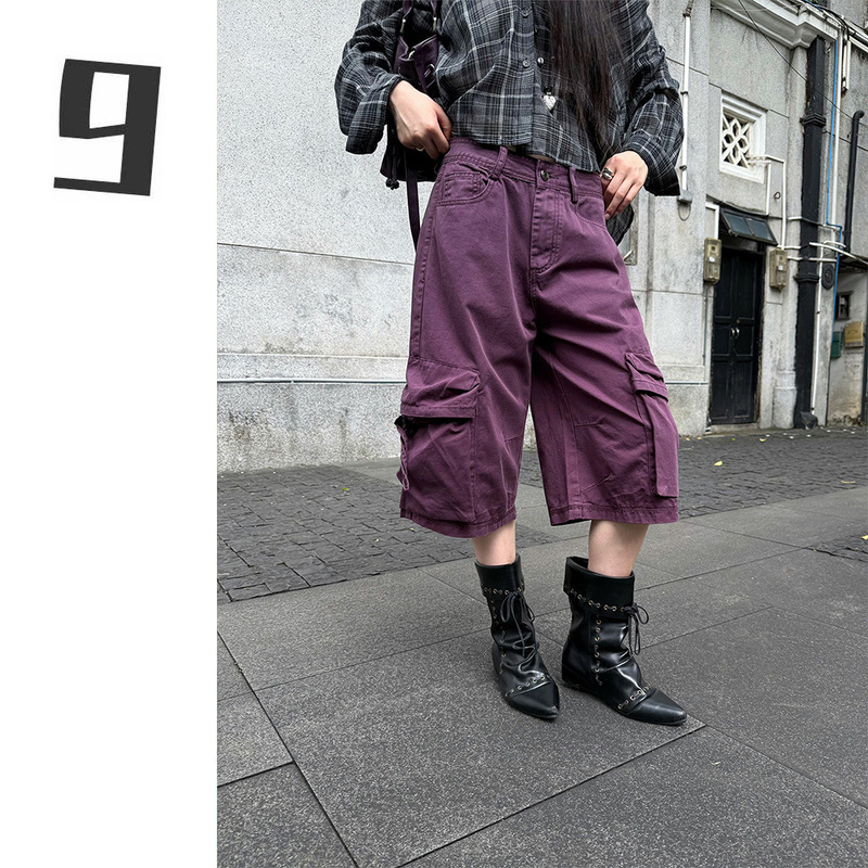 [9hour] Women's cropped work pants, autumn retro low-waist, loose wide-leg straight denim pants CXX0375