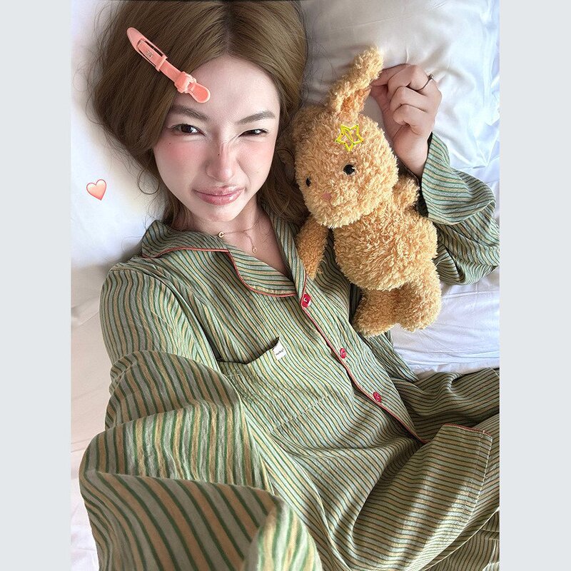Cross-border autumn new double-layer cloud cotton yellow-green striped simple lapel two-piece home wear set for women Cross-border autumn new double-layer cloud cotton yellow-green striped simple lapel two-piece home wear set for women