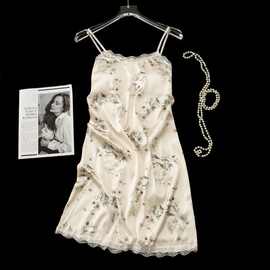 带胸垫吊带睡裙夏季女款冰丝性感花卉蕾丝边欧美跨境亚马逊性感裙