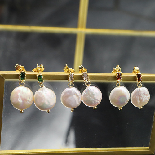Natural baroque pearl high-end earrings high-end niche emerald earrings 925 silver needle retro earrings for women