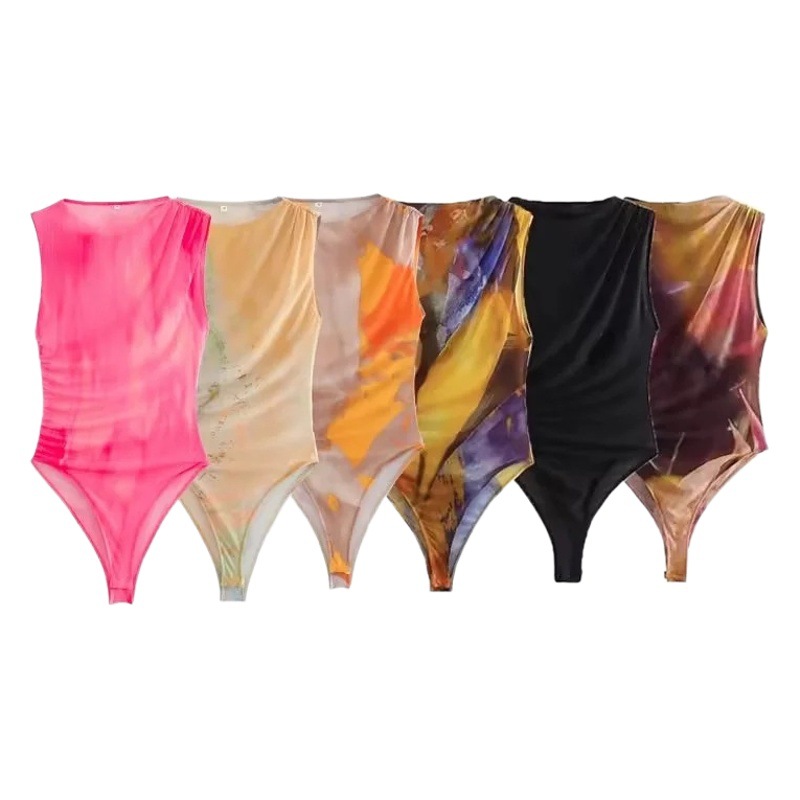AliExpress comercio exterior 2024 primavera y verano nueva ropa de mujer estilo europeo y americano plisado decoración slim-fit sexy mono de red de seda