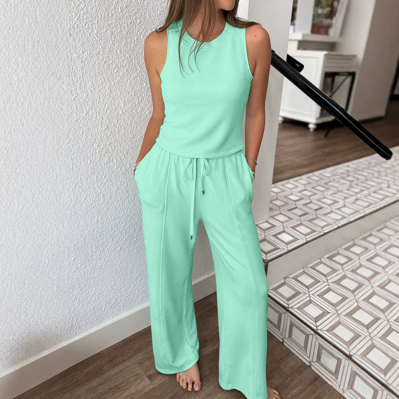 European and American Style Summer Vest Set for Women, Tk Independent Brand, Solid Color Drawstring with Pockets, Women's Two-Piece Long Pants Set