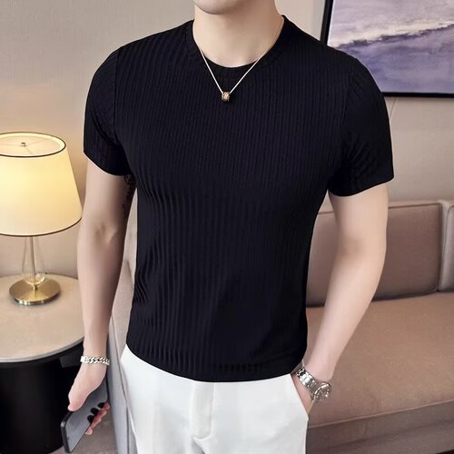 Handsome slim-fit round-neck short-sleeve T-shirt in Korean style, featuring a trendy brand's sleek, striped ice-silk base layer—perfect as a trendy men's tight-fitting top.