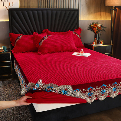 大红色水晶绒乳胶床笠加厚夹棉床罩防滑床套1.8m2.0m米床垫保护套