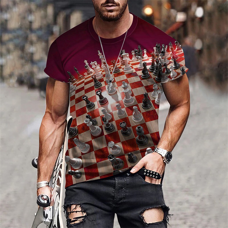 跨境外贸热销欧美3D数码印花 男式休闲圆领国际象棋款夏季短袖T恤