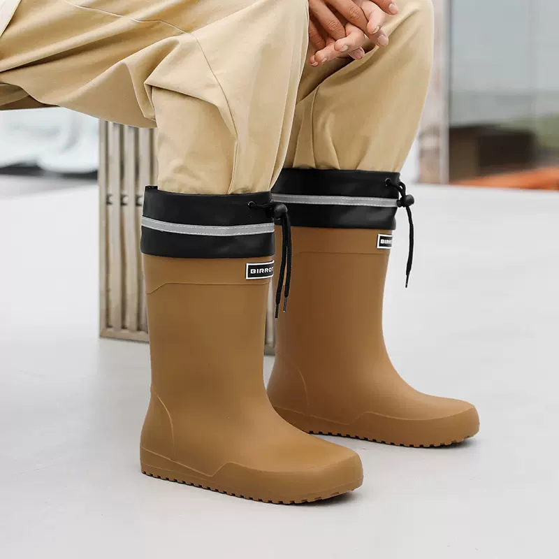 高档中筒平底雨鞋男款收束口加固定棉绒冬天加绒雨靴45码防水胶鞋