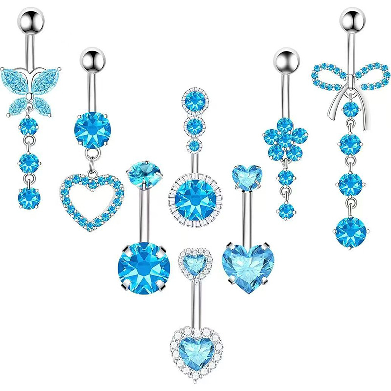 Set di otto pezzi in acciaio inossidabile per piercing all'ombelico con cuore e fiore, intarsi in zircone, gioielli semplici per piercing all'ingrosso_voghion.com