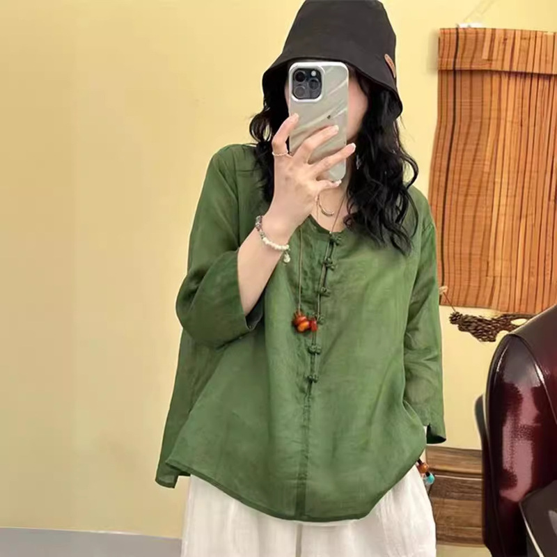 2025 Pure Ramie Round Neck Pullover Buckle Slimming Women's Solid Color Artistic Retro Seven-point Sleeve Shirt 2025 Pure Ramie Round Neck Pullover Buckle Slimming Women's Solid Color Artistic Retro Seven-point Sleeve Shirt