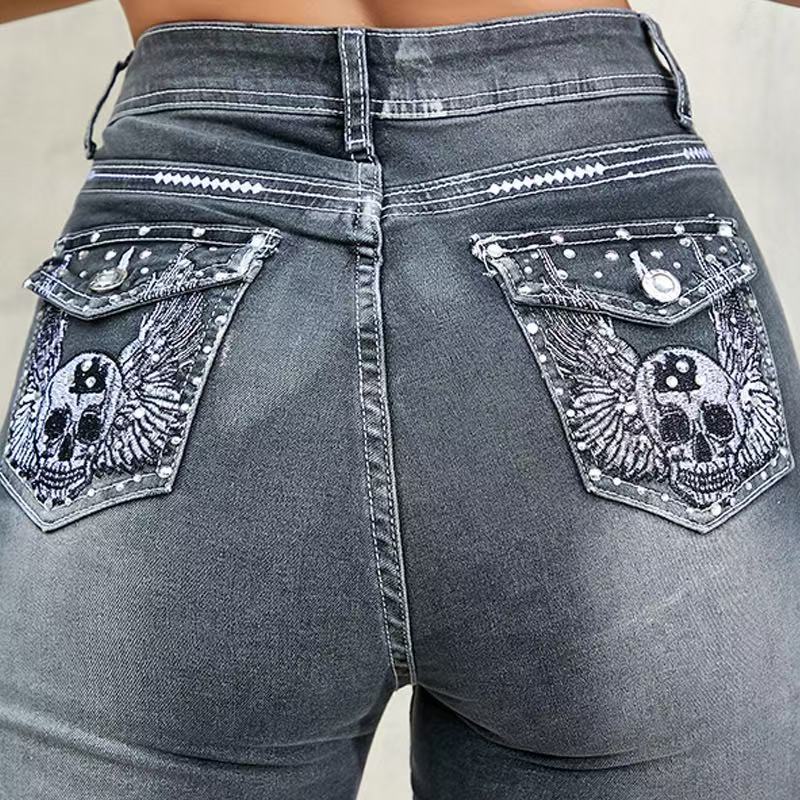 Women's Slim Straight Leg Denim Trousers Stretchy Smoky Gray Embroidery Rhinestones Detail Relaxed Everyday Wear Versatile Comfortable Feshion Trend_mkmklike.com