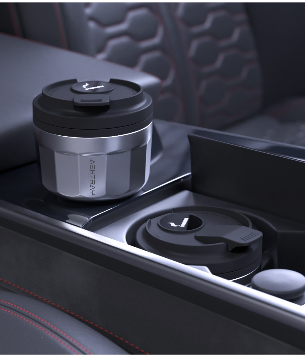Low-profile car ashtray with lid, stainless steel interior, high-end car ashtray, in-car ashtray, anti-ash flying