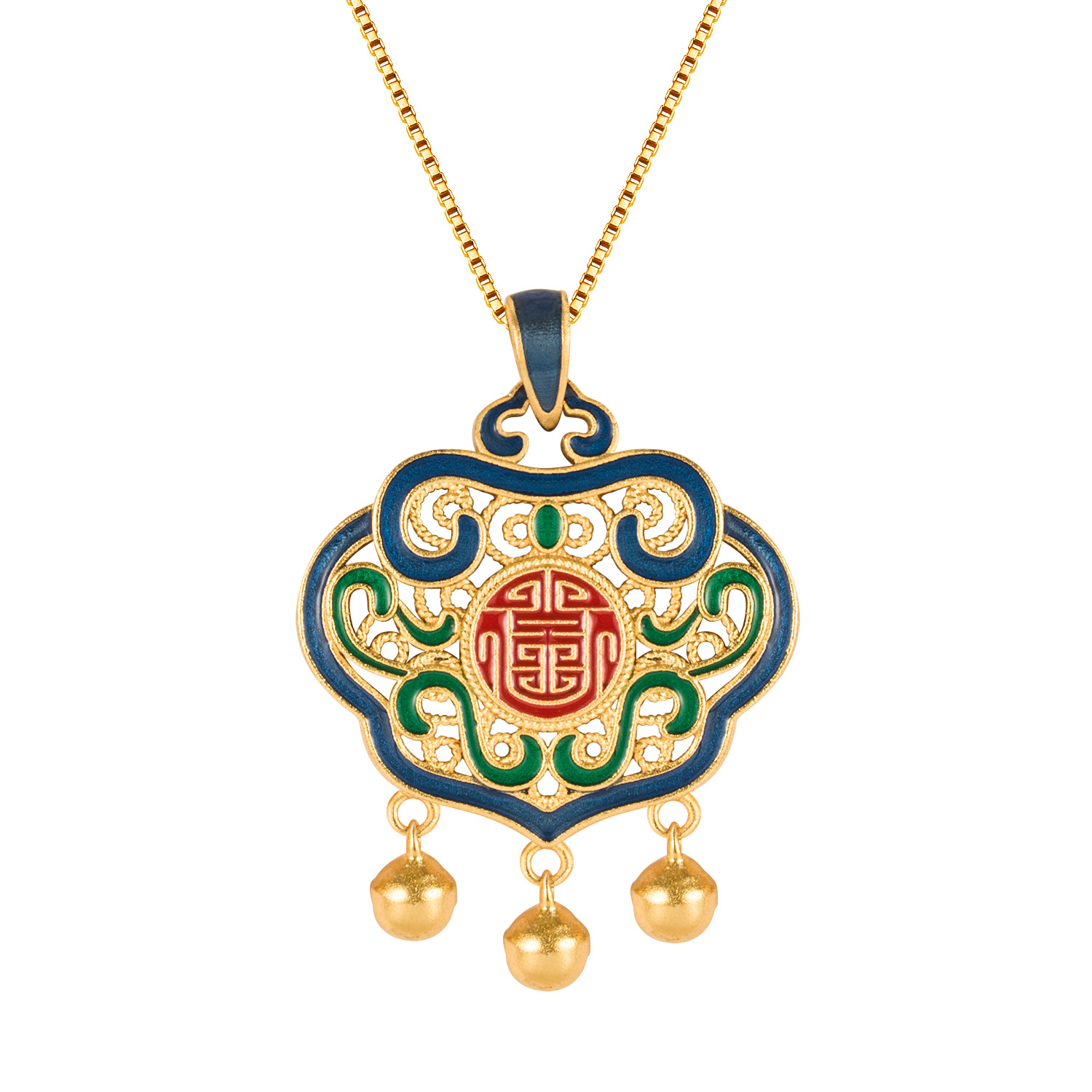 福字铃铛吊挂坠景泰蓝沙金古法传承烧蓝古风平安长命锁吊坠毛衣链