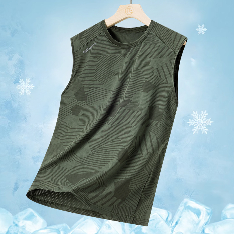 Summer Ice Silk Vests T-Shirt Men's Camouflage Quick-drying Elastic Outdoor Sports Thin Air Conditioning Casual Sleeveless Jersey Trendy