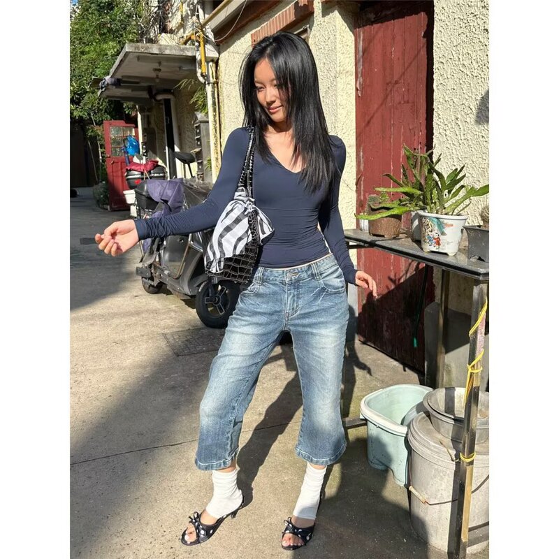 American Retro Flared Vintage Cropped Pants for Women, Summer Style, Distressed Washed Flared Denim Shorts