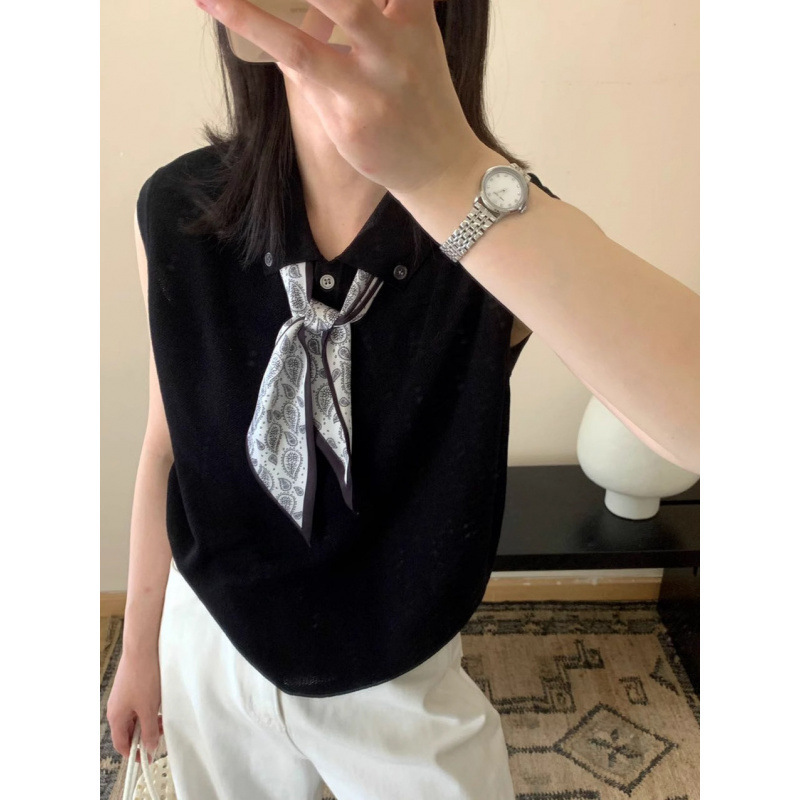 2025夏季新款韩版气质小翻领纽扣配丝巾薄款无袖针织衫上衣女T恤|undefined