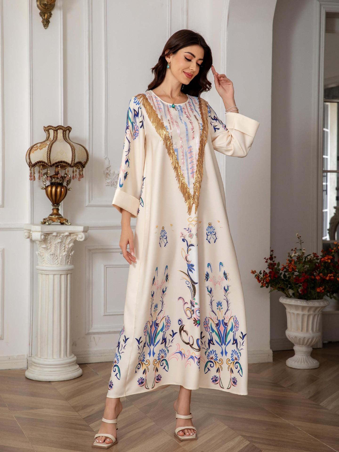 SW0811 Middle East Muslim Women's Long Robe European And American Cross-Border Printed Evening Abaya Dress_ecoleips.com