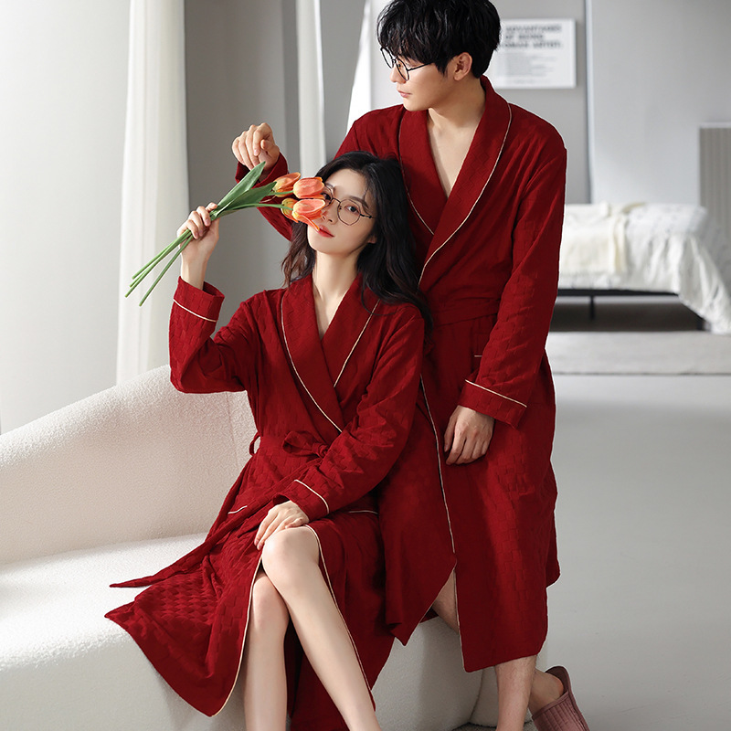 Couple Pajamas Women's Spring and Autum Pure Cotton Sexy Nightgown Bride Dressing Gown Bathrobe Men's Red Newlywed Wedding Suit Winter