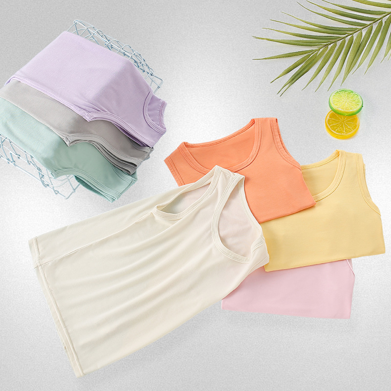 Chaleco modal para niños color sólido cuello redondo chaleco elástico transpirable absorción de humedad niños y niñas chaleco en forma de I verano para niños