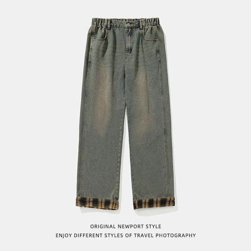 Grafic Patchwork Retro Washed Jeans Spring Split Design Straight Leg Pants Semi-Relaxed Loose Pants