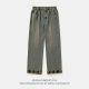 Plaid Stitching Vintage Washed Jeans Spring Split Design Straight Pants Semi-elastic Loose Pants q