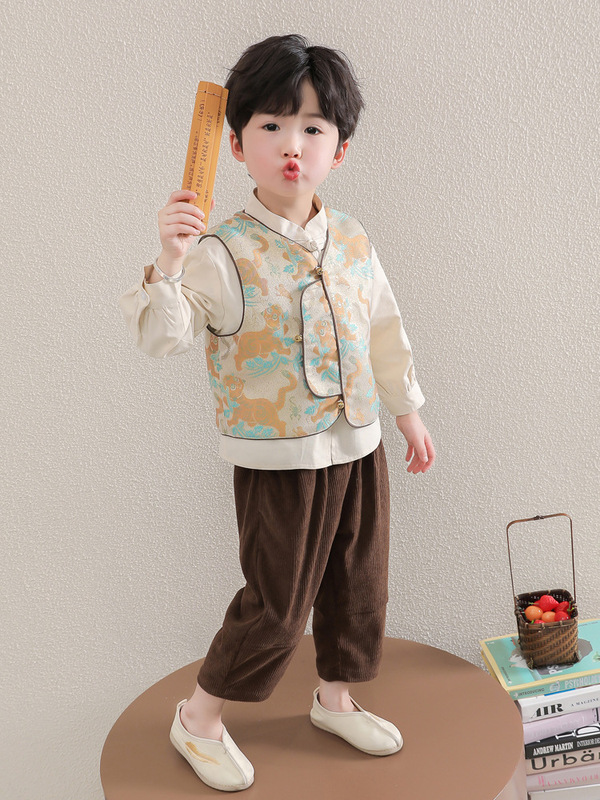 男童唐装新中式套装小孩春秋款汉服儿童套装宝宝中国风周岁三件套|undefined