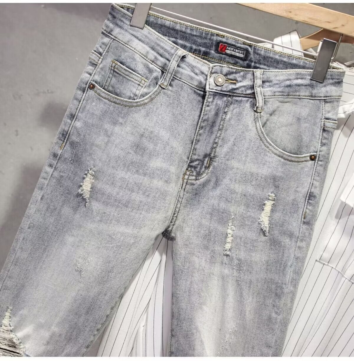 American High Street Ripped Jeans For Men Slim Fit Straight Long Trendy Zipper Cuff Cool Pants Fashion_mkmklike.com