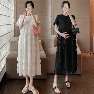 2024 Summer Korean Style Retro Design Slim Pullover Short Sleeve Round Neck Hem Cake Skirt High Waist