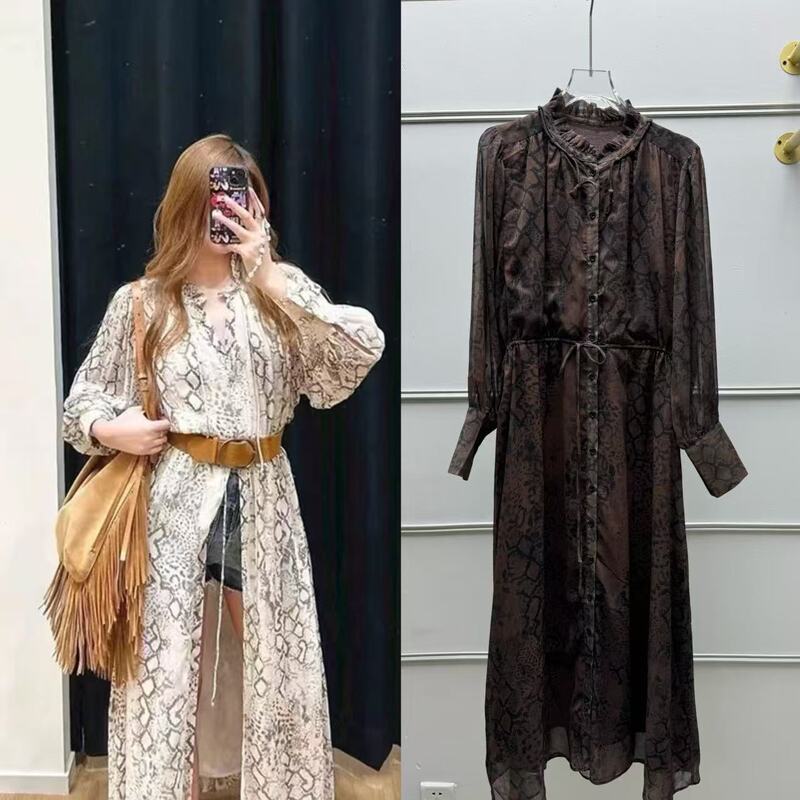French-Style Long Dress, Autumn/Winter 2025, Bohemian Snake Print, Tie Waist, Front Buttoned Long Dress